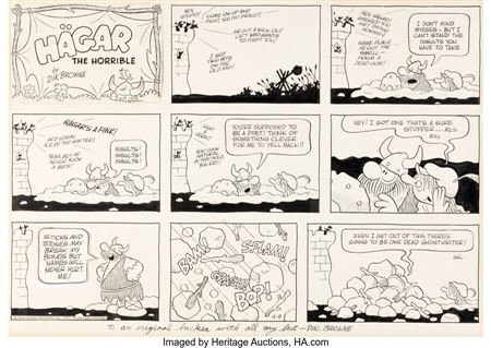 Dik Browne Hagar the Horrible Sunday Comic Strip Original Art dated 4-8-1973 (King Features Syndicate, 1973) by Dik (Richard Arthur) Browne - Auction record, sale price, and art valuation. Compare with similar artists and explore comparable artworks.