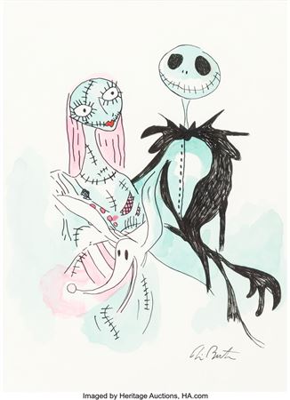 Tim Burton's The Nightmare Before Christmas Jack, Sally, and Zero Original Drawing Signed by Tim Burton (Walt Disney/Touchstone, c. 1990s)
