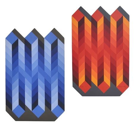 Two Sided Op Art Painted Wood Sculpture