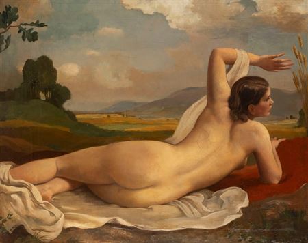 Reclining female nude in front of a wide landscape (1942)