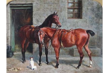 Two horses saddled and waiting in a yard
