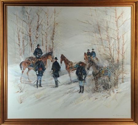 A scene of cavalry officers and horses in a snowy landscape
