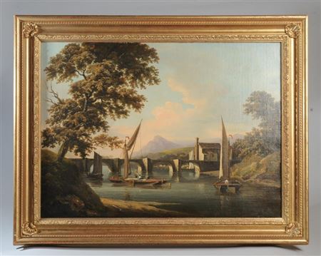 A river landscape with sailboats and a bridge, mountains in the background