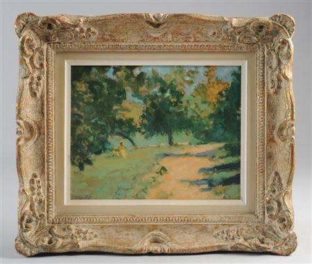 Woman and Child in a Sunny Field with Trees and a Dirt Road