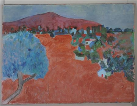 Large landscape painting with dwellings and mountain