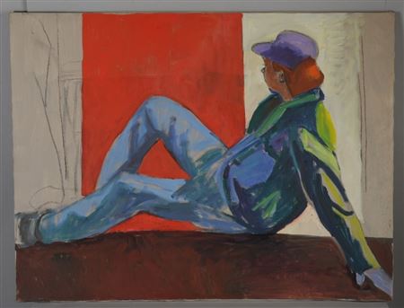 Large painting of a figure with red hair, purple cap, green shirt before a red wall