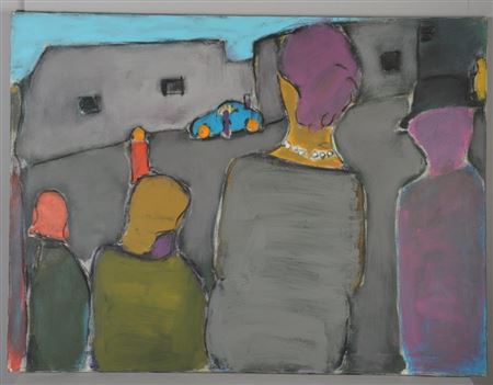 Four figures seen from the back, looking across a road towards a blue car with two figures in front of a row of buildings