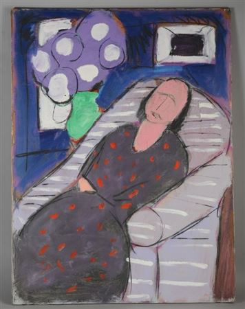 Large painting of a woman in a striped chair by a green vase of purple and white flowers