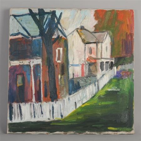 A row of houses and a blazing red tree