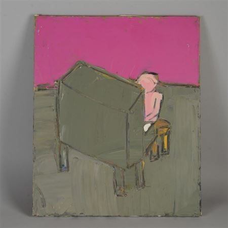 A figure at a piano in front of a pink wall