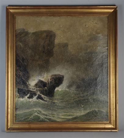 Seascape showing crashing waves under a darkening sky