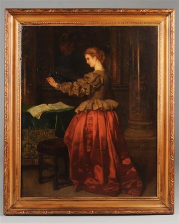 A young woman in red satin skirt tuning a stringed instrument