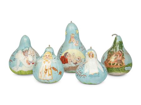 A Group of Five Painted Religious Gourds