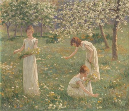 Young Women Gathering Flowers