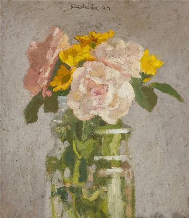 Pink Roses and Yellow Daisies in a Glass Jar on a Light Gray Background, 1997