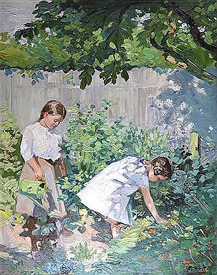 Two girls in a sunlit garden
