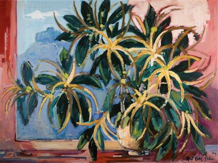 Flower still life in front of a window, in the background the Hambach Castle