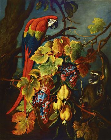 Fruit still life with vines and quinces, enlivened by a monkey and a parro