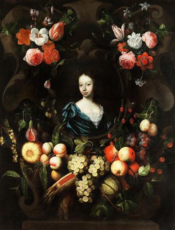 PORTRAIT OF A YOUNG WOMAN IN CARTOUCHE WITH FLOWERS AND FRUITS