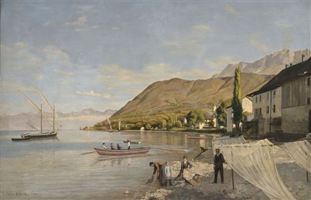 Lakeside with fishermen