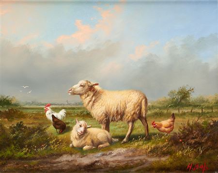 Rooster, chickens and sheep