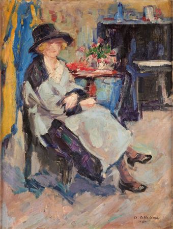 Young woman with a hat near the flowery pedestal table by Edmond Meulenaere - Auction record, sale price, and art valuation. Compare with similar artists and explore comparable artworks.