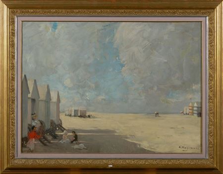 "Children playing in front of the beach cabins in Ostend".