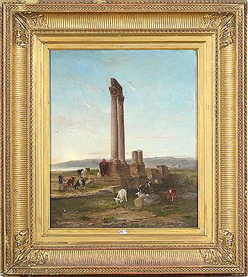 "The rest of the shepherd and his flock on a landscape background with Italian ruins"