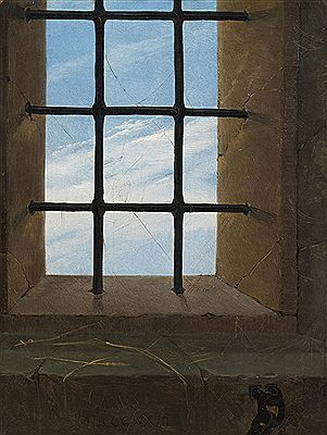 View from a barred window into the sky