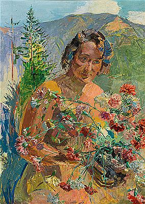 Girl with carnations in landscape