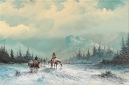 Trapper Meeting A Group Of American Indians In Snow