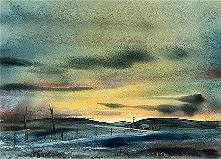 Texas Landscape At Sunrise, Windmill And Farmhouse