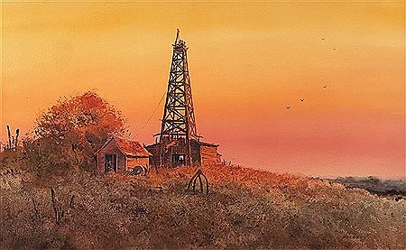 Reminder Of Yesterday, Landscape With Sunset And Oil Rig