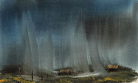 Walking Rain, Landscape With Farm Buildings And Brush