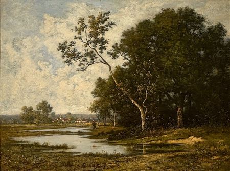 Barbizon Style Landscape With Woman Walking Beside A Pond