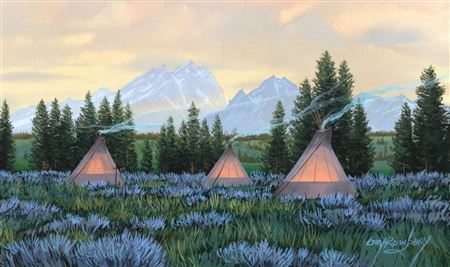 Untitled (Three Glowing Teepees) by Guy Rowbury - Auction record, sale price, and art valuation. Compare with similar artists and explore comparable artworks.