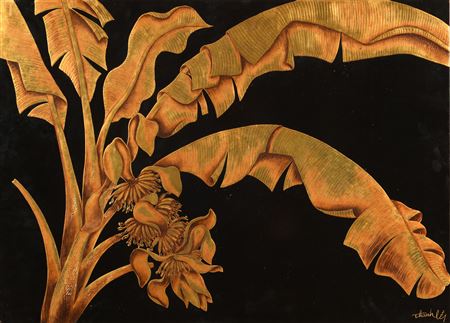 Rectangular black lacquer panel with gold lacquer decoration of a banana tree and flowers.