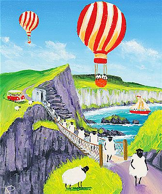 'ANDY PATS WANDERING SHEEP VISIT CARRICK A REDE ROPE BRIDGE'