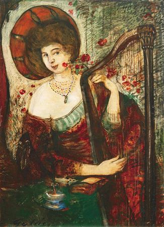 Lady playing an Old Instrument, Woman playing the Harp (Antique atmosphere)
