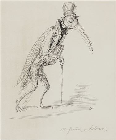 Bird walking on a stick with hat and coat