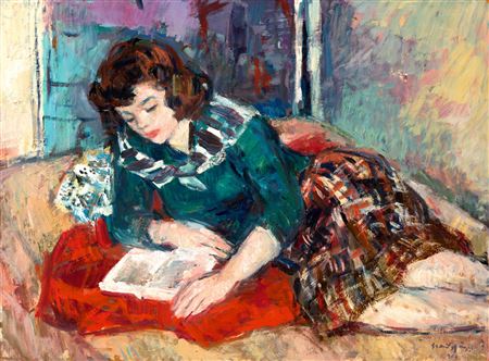 Reading Girl in a Plaid Skirt, 1960 by Kornel Szentgyorgyi - Auction record, sale price, and art valuation. Compare with similar artists and explore comparable artworks.