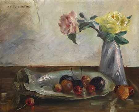 Still life with flowers in a vase, shell and fruit