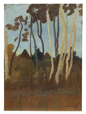 Landscape with birch trees, in the background two house gables