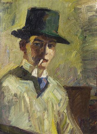 Self-portrait with a high hat and a cigarette , 1910.