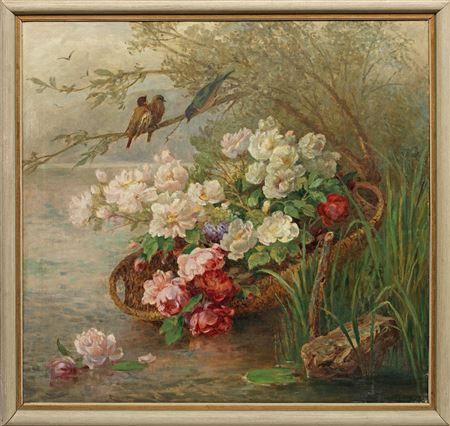 Birds and a basket of roses by the lake