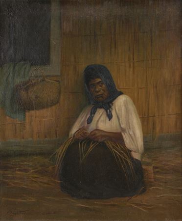 Maori Woman Weaving With Kete