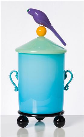 Blue and Green Lidded Vase with Purple Bird