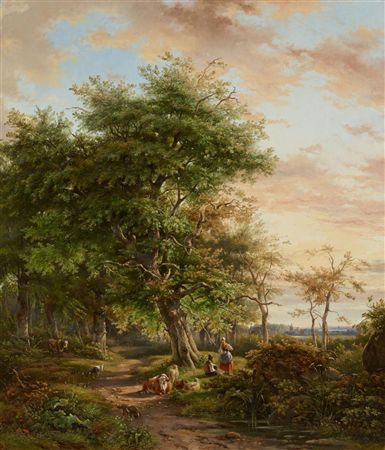 Resting shepherds under a tree in the evening sun