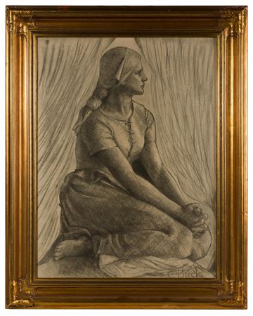 Depicting a Woman in Peasant Gard Kneeling in Prayer