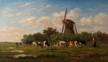 Sunlit Field with Windmill and Cattle, 1872 by Johan Nicolaas Van Lokhorst - Auction record, sale price, and art valuation. Compare with similar artists and explore comparable artworks.
